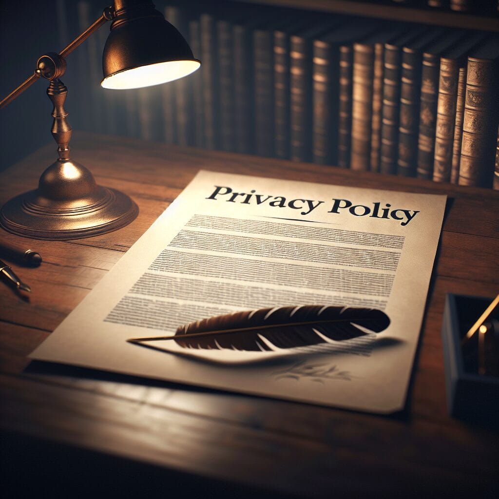 Privacy policy displayed on a desk with a pen and lamp nearby.