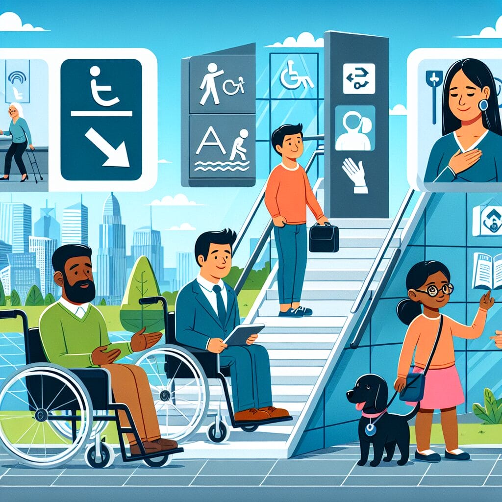 A picture representing accessibility and inclusiveness, showing a man and woman in wheelchairs with their dog standing on stairs together.