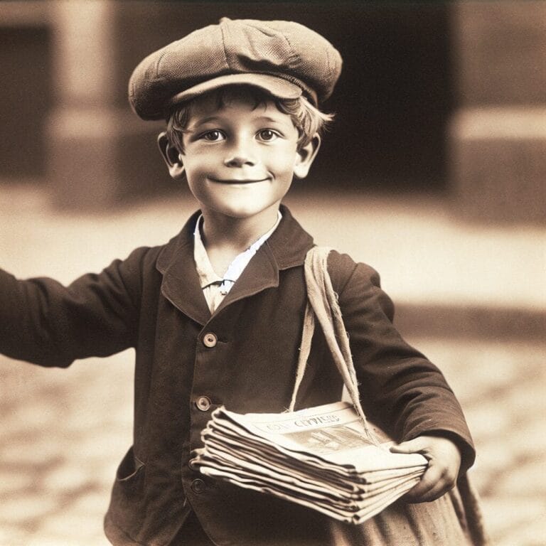 A boy in a hat holding newspapers in February 2024.