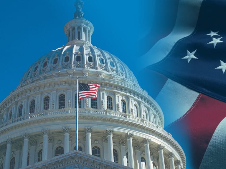 The united states capitol building and an american flag.